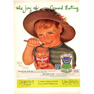 1952 Van Camps Pork and Beans Vintage Print Ad Little Boy Eating Can Wall Art